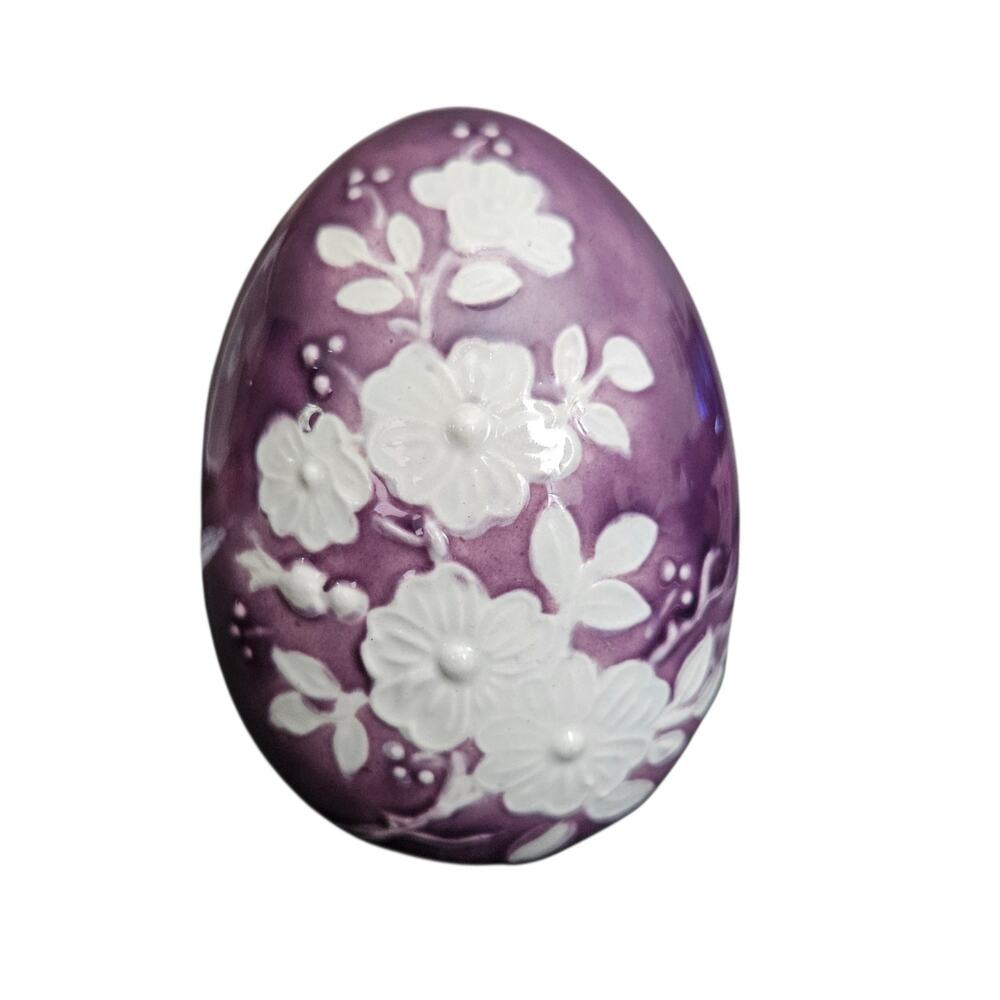 Vintage Hand Painted Purple Ceramic Floral Decorative Egg Figurine